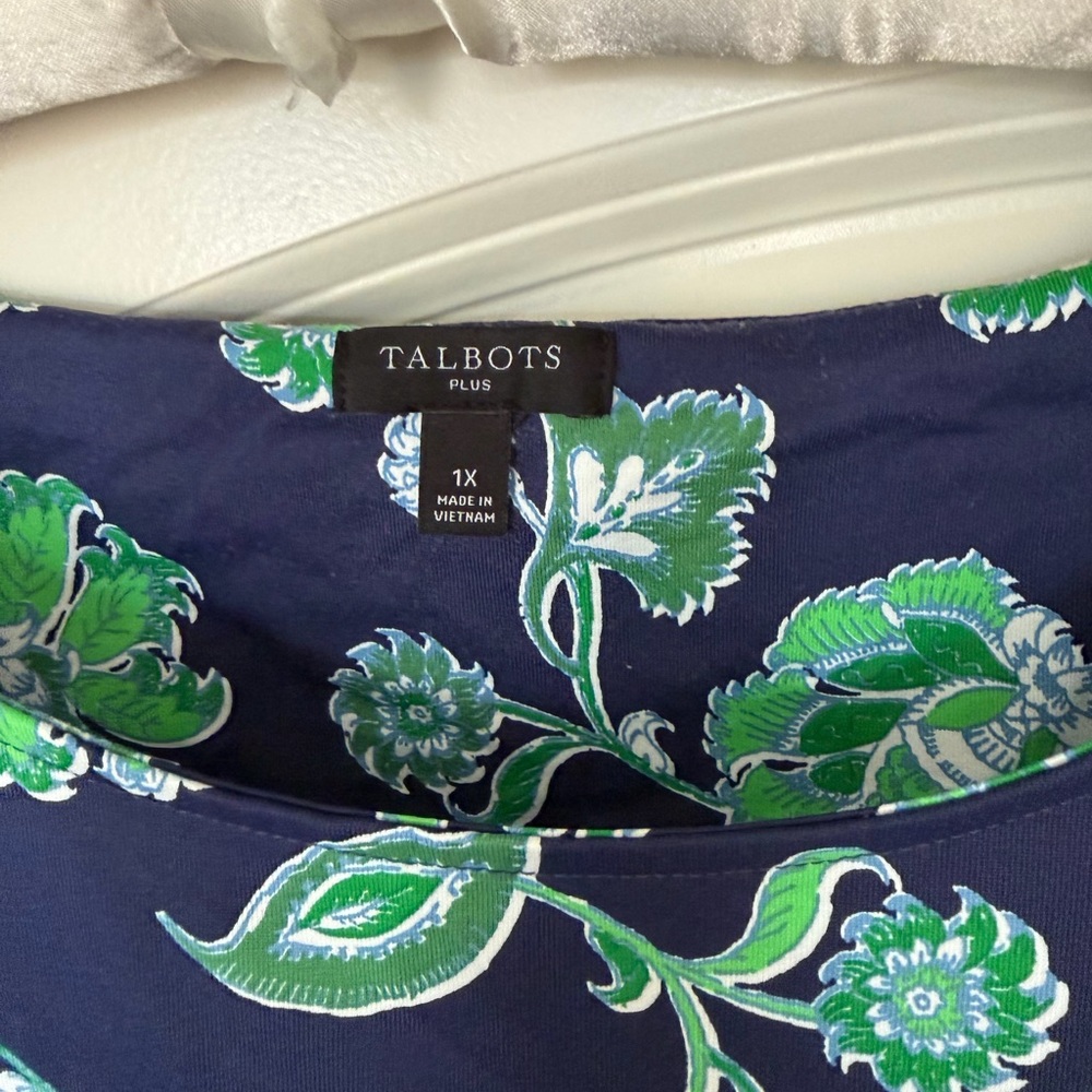 Talbots Navy Dress with Green Floral Print and Tie Waist - Picture 2 of 4